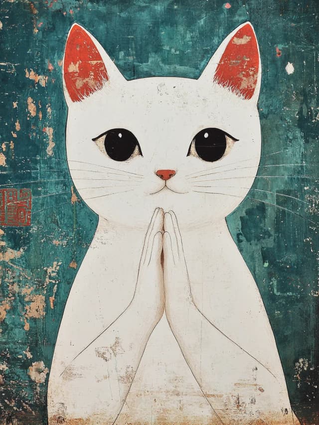 Cat Praying Hands Japanese Card